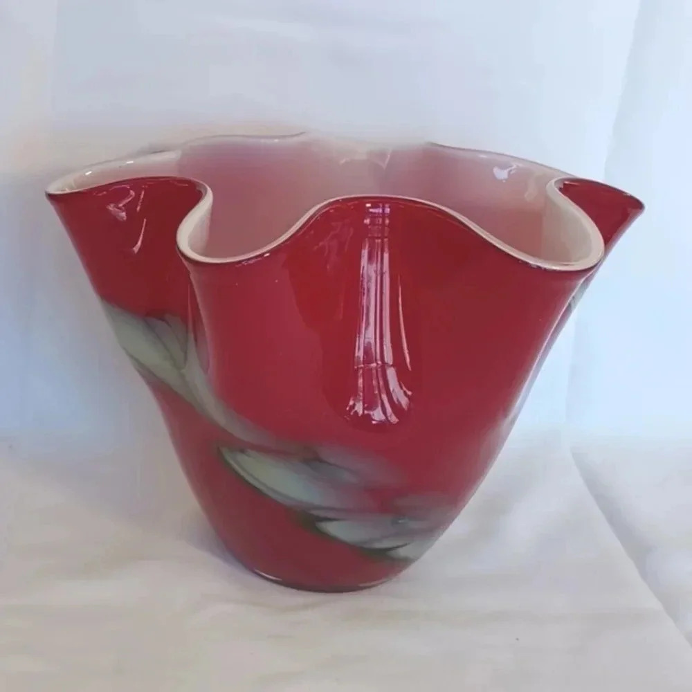 Vintage hand blown cased red white gray vase